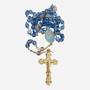 Vintage Magnificat Our Lady of Fatima Rosary 21 Blue Pink Crystal Gold Cross NIP